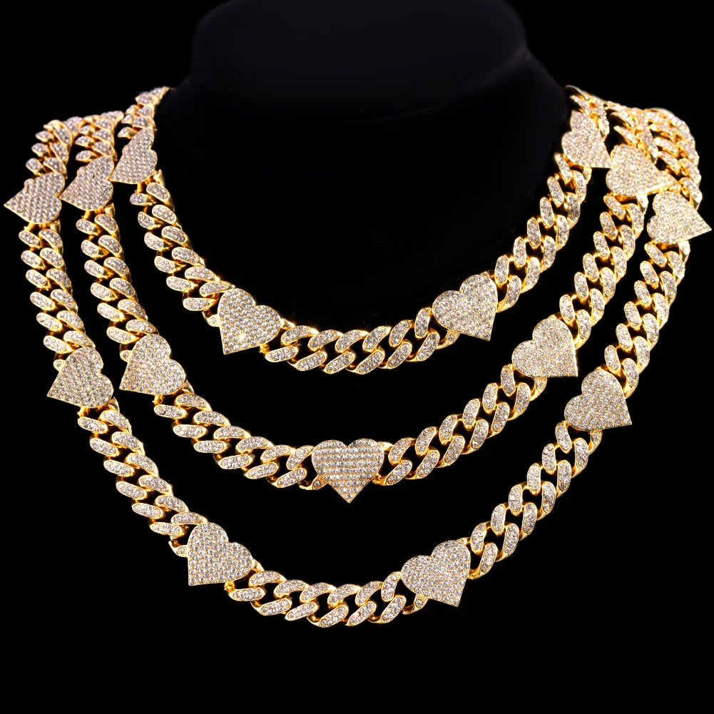 Heart Cuban Chain Necklace for Women, Gold Silver Color Iced Out Rhinestone Choker, 16/18/20 Inch Link Chain Jewelry