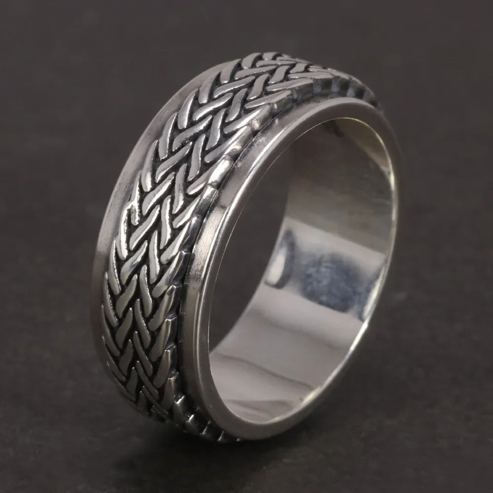 925 Sterling Silver Rotatable Rings For Men And Women Simple Hemp Rope Type Spinner Vintage Male Jewelry