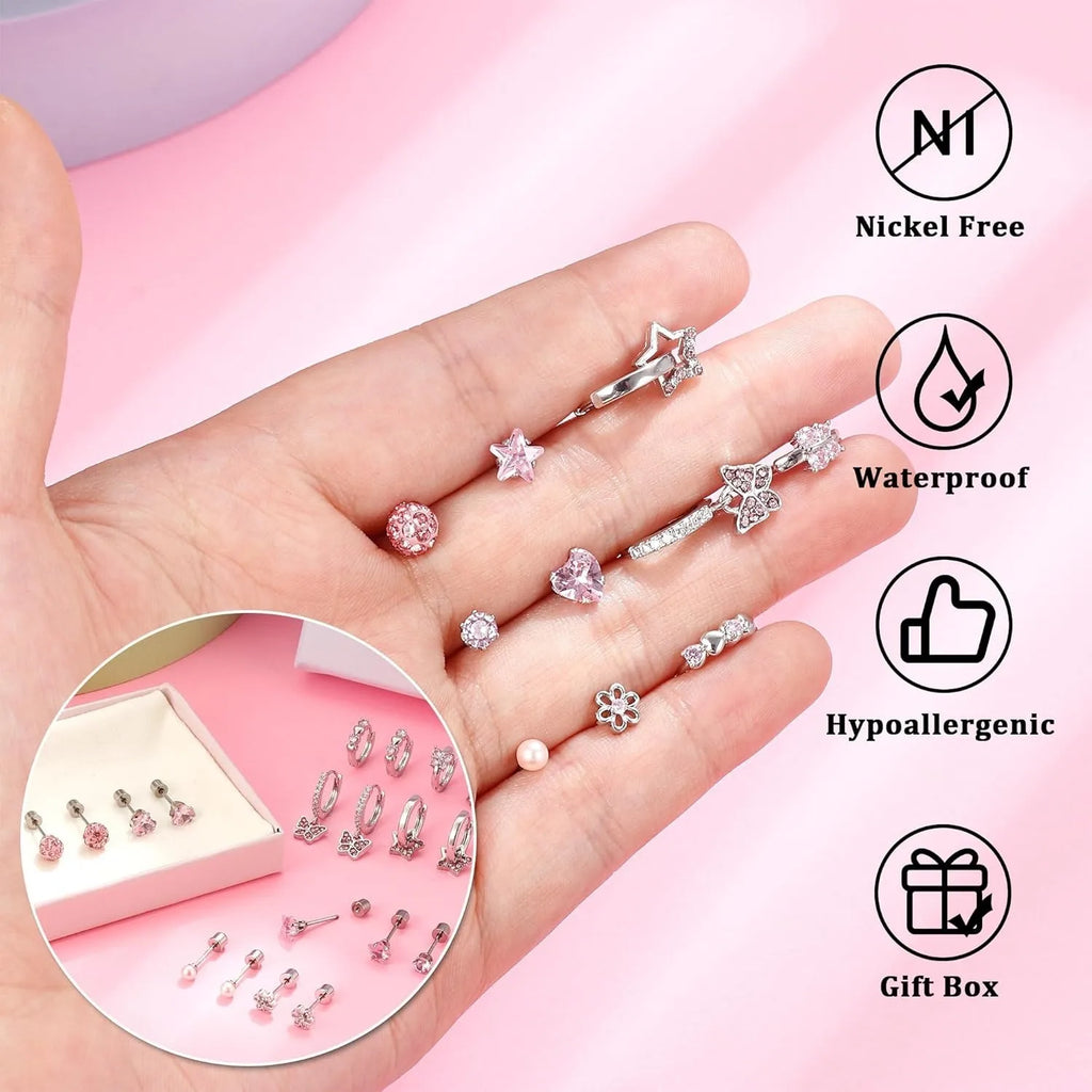 Bobisty 10Paris Earrings Stainless Steel Screw Back Earrings Set For Sensitive Ears Cute Pink Zircon Earrings Hypoallergenic