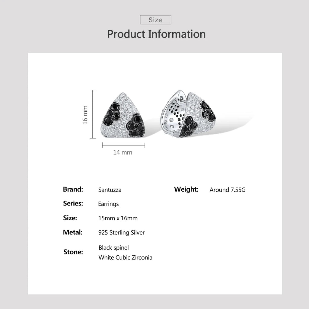 SANTUZZA Real 925 Sterling Silver Clip Earrings For Women Sparkling White CZ Black Spinel Chic Triangle Party Fine Jewelry