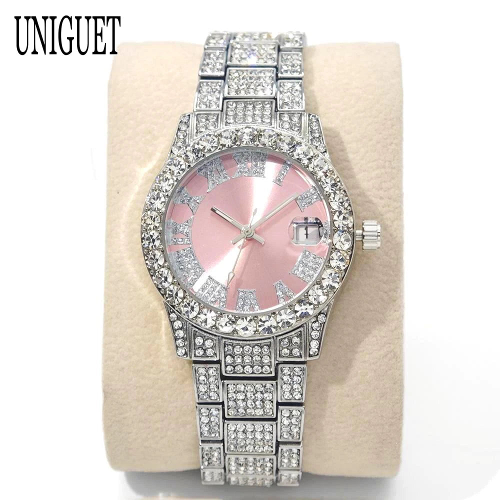 Hot Luxury Jewelry Watch For Women's UNIGUET Fashion Small Pink Dial Hip Hop Iced Diamond Quartz Wristwatch Small Size For Women