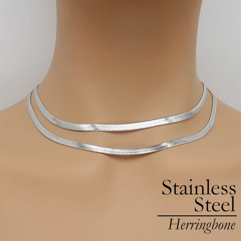 10Pcs Flat Snake Chain Necklace 16 18 20 Inch Stainless Steel Herringbone Choker Non Tarnish Bulk Chain Blank for Jewelry Making